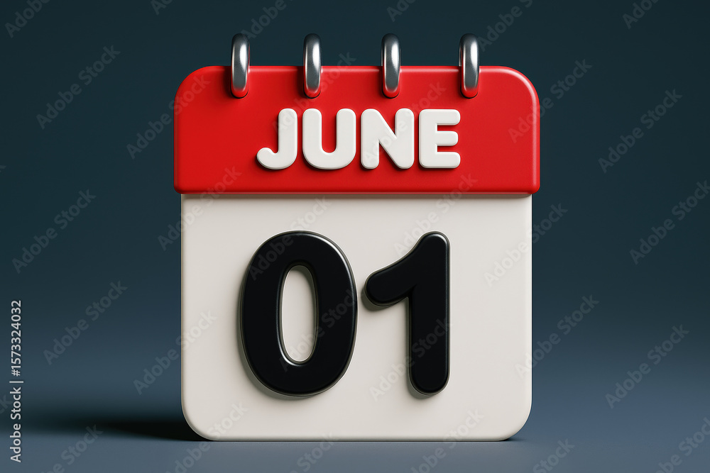 Poster 3d render of a calendar icon displaying june 1st on a dark blue backdrop, representing the start of 