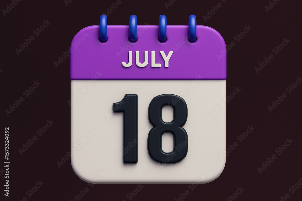 Poster 3d calendar icon displaying july 18th on a dark background, ideal for representing specific dates, s
