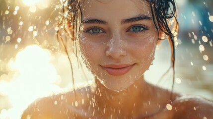 A young woman is smiling gently while water droplets glisten on her skin in the soft glow of sunset near a tranquil lake, creating a warm and inviting atmosphere.