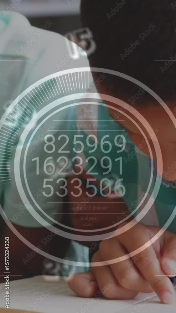Poster animation of changing numbers in circles and symbols over diverse children studying in classroom