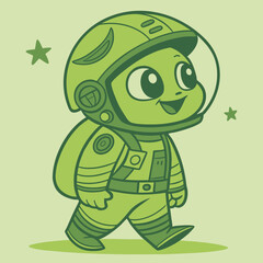 Obraz premium A cartoon green astronaut character wearing a helmet and suit walking with stars around him in space