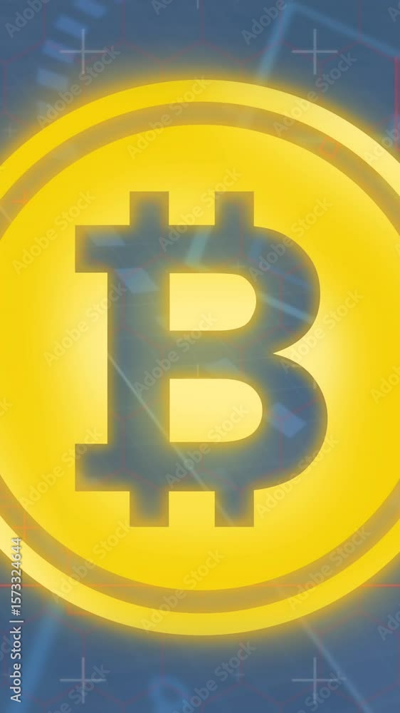 Poster animation of bitcoin symbol and data processing against blue background
