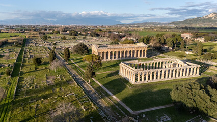 Aerial View of Ancient Temples and Ruins of Paestum, Italy