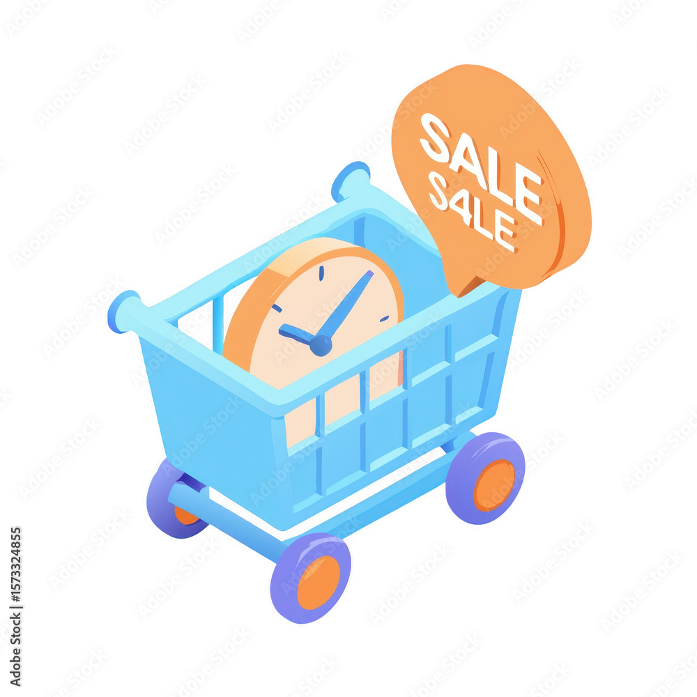 Poster shopping cart with clock and sale bubble isolated on transparent background