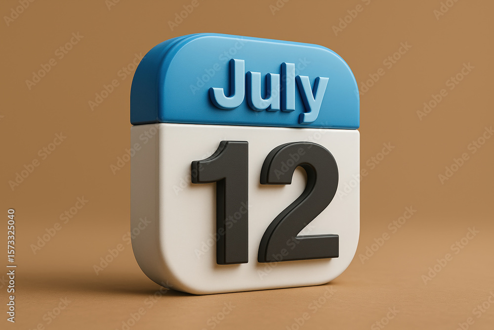 Fototapete 3D Rendered Calendar Icon Displaying July 12th on a Brown Background with Blue Top and Black Numbers for Schedules and Important Dates