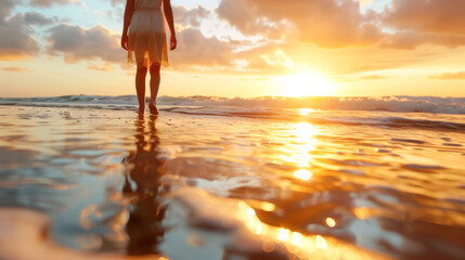 Woman in Beige Dress Walking on Sandy Shore at Sunset