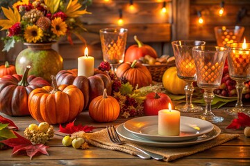 Warm Autumnal Thanksgiving Table Setting: Pumpkins, Candles, and Rustic Elegance.