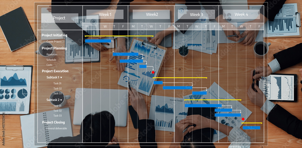 Poster a professional project management meeting scene featuring a gantt chart and team collaboration, focu