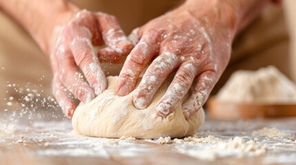 Hands Kneading Dough on Wooden Table in Natural Light for Baking Preparation