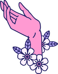 iconic tattoo style image of a hand in bright neon color