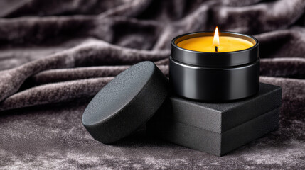 Elegant Yellow Candle in Black Tin on Dark Velvet
