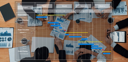 A professional project management meeting scene featuring a Gantt chart and team collaboration,...