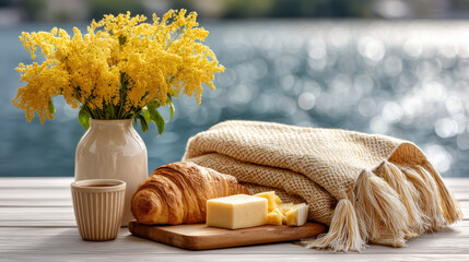 Lakeside Picnic with Yellow Flowers and Pastry