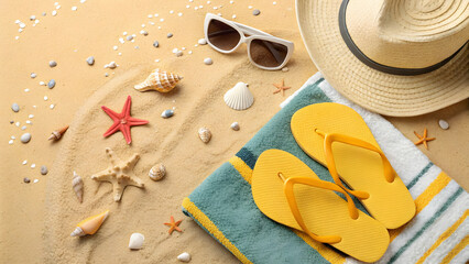 Summer beach vacation scene displays hat, sunglasses, flip flops, starfish, and shells on golden sand with a relaxing beach vibe.