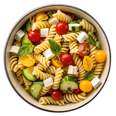 Colorful pasta salad with fusilli feta cheese cherry tomatoes cucumber olives and bell pepper served in bowl isolated on transparent background