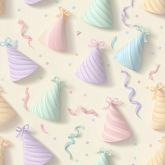 Pastel party hats and ribbons, soft shadows, cute and clean background, seamless tile