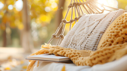 Cozy Hammock Scene with Pillows and Book Bathed in Golden Sunlight and Autumnal Background
