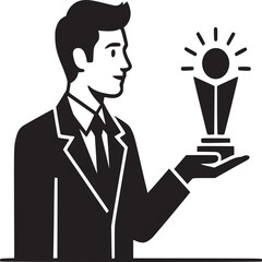Man in suit holding trophy with radiating light in black and white vector illustration style image