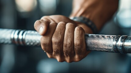 Close-up of hand gripping barbell