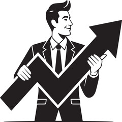 Businessman in suit holding large black arrow pointing upward in a black and white illustration