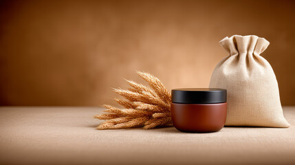 Natural Cosmetic Cream in Refillable Jar with Wheat and Burlap