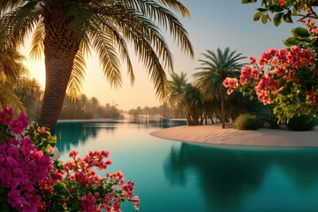 Sunset tranquility by the river's edge surrounded by vibrant flowers and lush palm trees