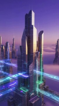 vertical 9:16 Futuristic smart city skyline at dusk, glowing data streams flowing through buildings