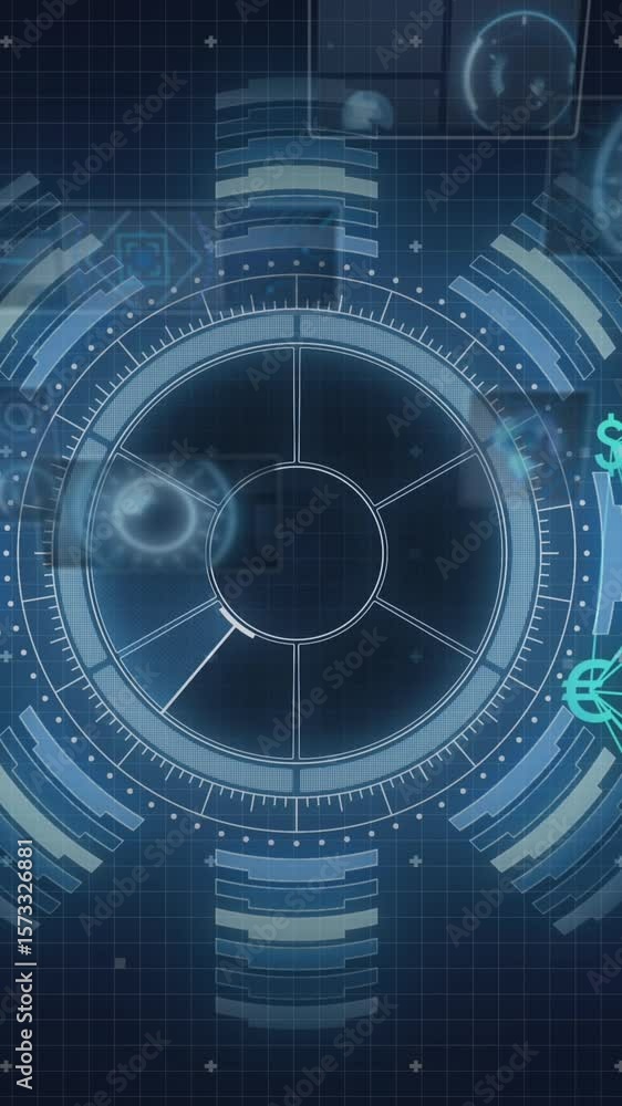 Poster animation of connected icon globe, radars, map and graphs over arc reactor in background