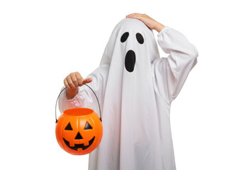 A child in a ghost costume holds a pumpkin candy bucket isolated on transparent background