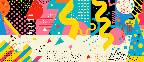 Colorful memphis style geometric pattern with repeating shapes and bright vibrant colors