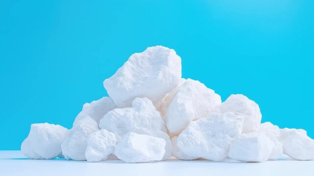 A pile of irregularly shaped white rocks sits on a white surface against a light blue backdrop.