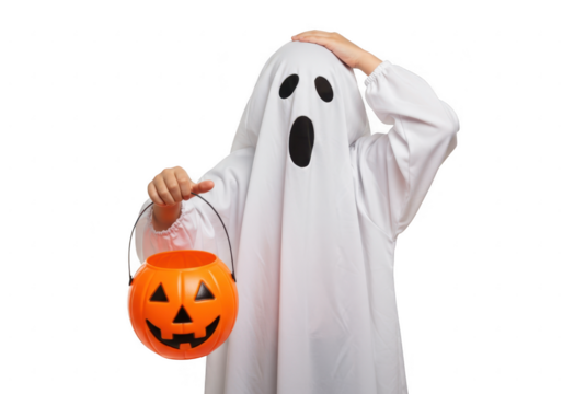A child in a ghost costume holds a pumpkin candy bucket isolated on transparent background