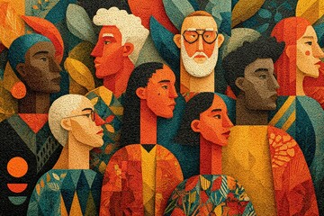 Colorful Abstract Mosaic Mural of Diverse Community. Geometric Street Art Featuring Multicultural Faces, Bold Patterns, and Vibrant Urban Expression.