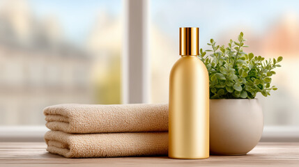 Gold Cosmetic Bottle and Beige Towels on a Wooden Surface
