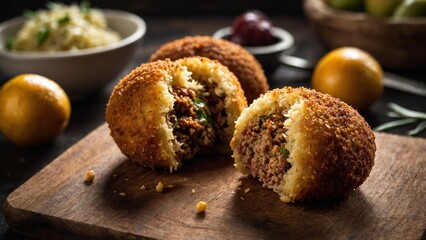 Traditional Sicilian "arancino" or "arancina" with meat filling on wooden board