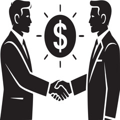 Two businessmen shaking hands in front of a dollar sign symbolizing a profitable business deal made