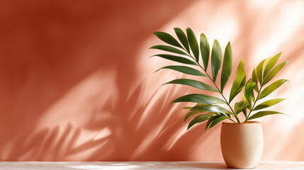 Palm Leaves Shadows on Mocha Wall with Potted Plant in Soft Natural Lighting