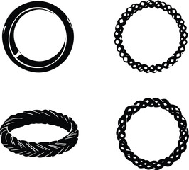 Intricate silhouette vector displaying four ornamental circular motifs, each unique in texture and form—a smooth solid ring conveying simplicity, a braided loop with woven finesse, a twisted rope 