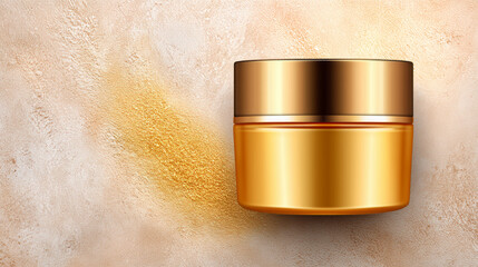 Golden Cosmetic Jar On Textured Background With Sparkling Glitter