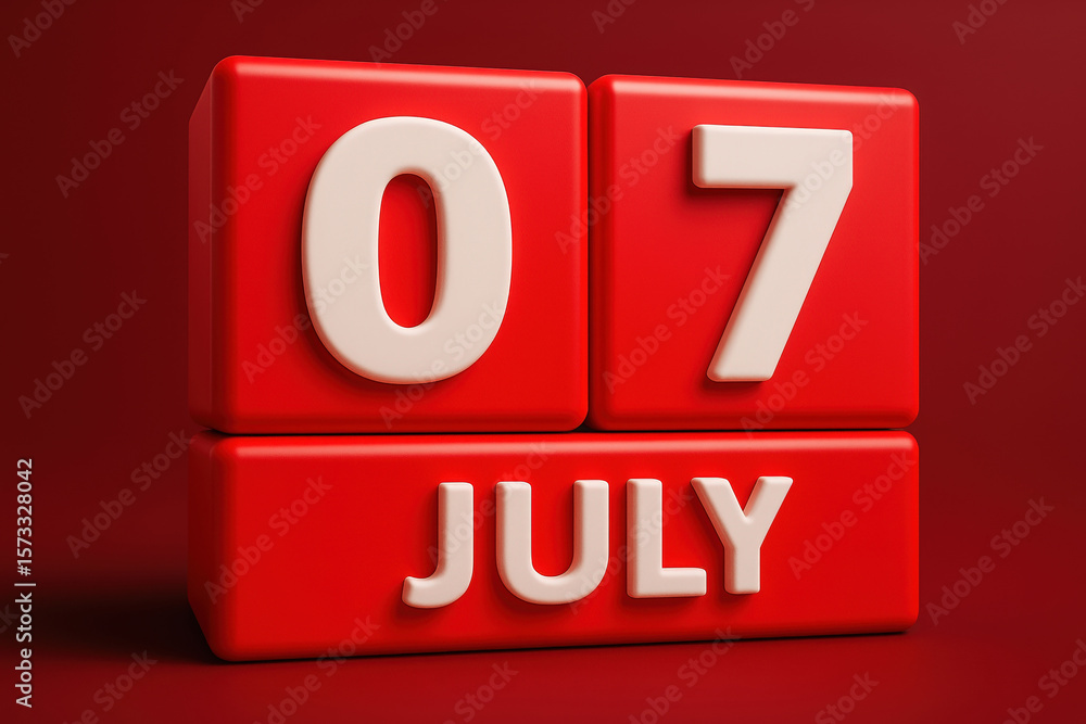Poster 3d block calendar displaying july 7th date with white and red color scheme on dark red background fo