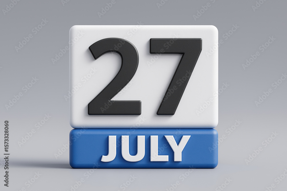 Fototapete 3d block calendar displaying july 27th date with white and blue color scheme on gray background for 