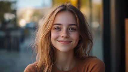 Obraz premium A cheerful young woman with long hair smiles genuinely while sitting outside at a cafe. The bright atmosphere enhances her friendly expression on a clear day.