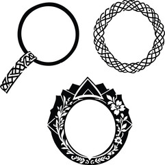 Intricate silhouette vector featuring three circular emblem styles: a handled ring with woven texture symbolizing craftsmanship, an interlaced Celtic-style loop representing unity and complexity,