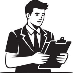 Man in suit holding clipboard in black and white vector illustration with clean background design style