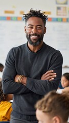 medium shot, young Black male teacher standing in front of whiteboard, diverse students blurred in foreground, vibrant classroom setting, smiling confidently, educational atmosphere