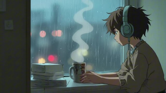 A moody teenager sitting by a rainy window listening to music on headphones, lo-fi animation style with film grain, city lights reflected on glass, slow pan across the room, steam rising