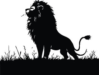 Regal silhouette vector showcasing a lion with a flowing mane standing firmly atop a grassy patch, symbolizing strength, dominance, and natural nobility in a bold monochrome composition.