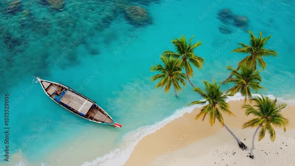 Poster boat is floating in the ocean near a palm tree. the scene is calm and peaceful, with the water and p