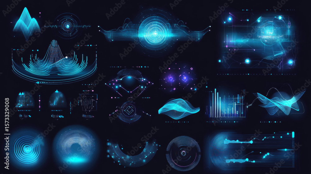 Poster a set of abstract technology-themed blue circle elements and wave lines on a dark background.