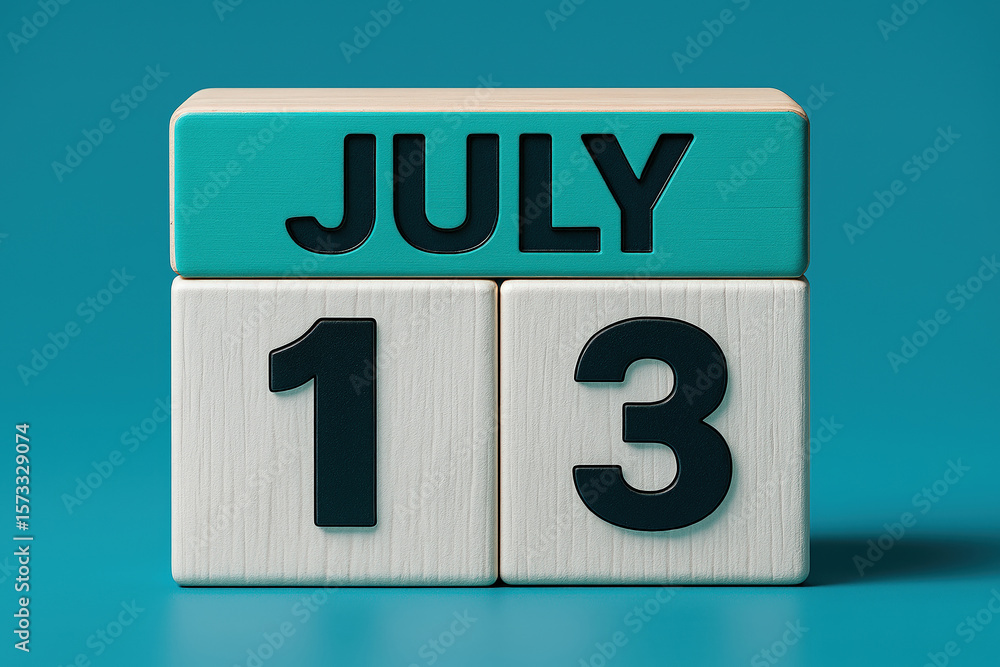 Poster cube calendar displaying thirteenth day of july on blue background for schedules and reminders in bu